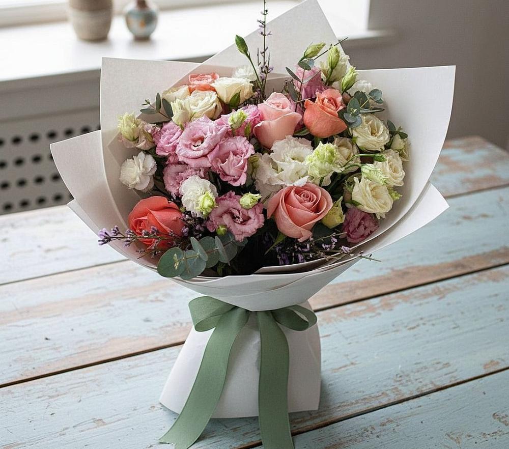 Букет цветов из: Розы, Лизиантусы и Гвоздики в Моргауши